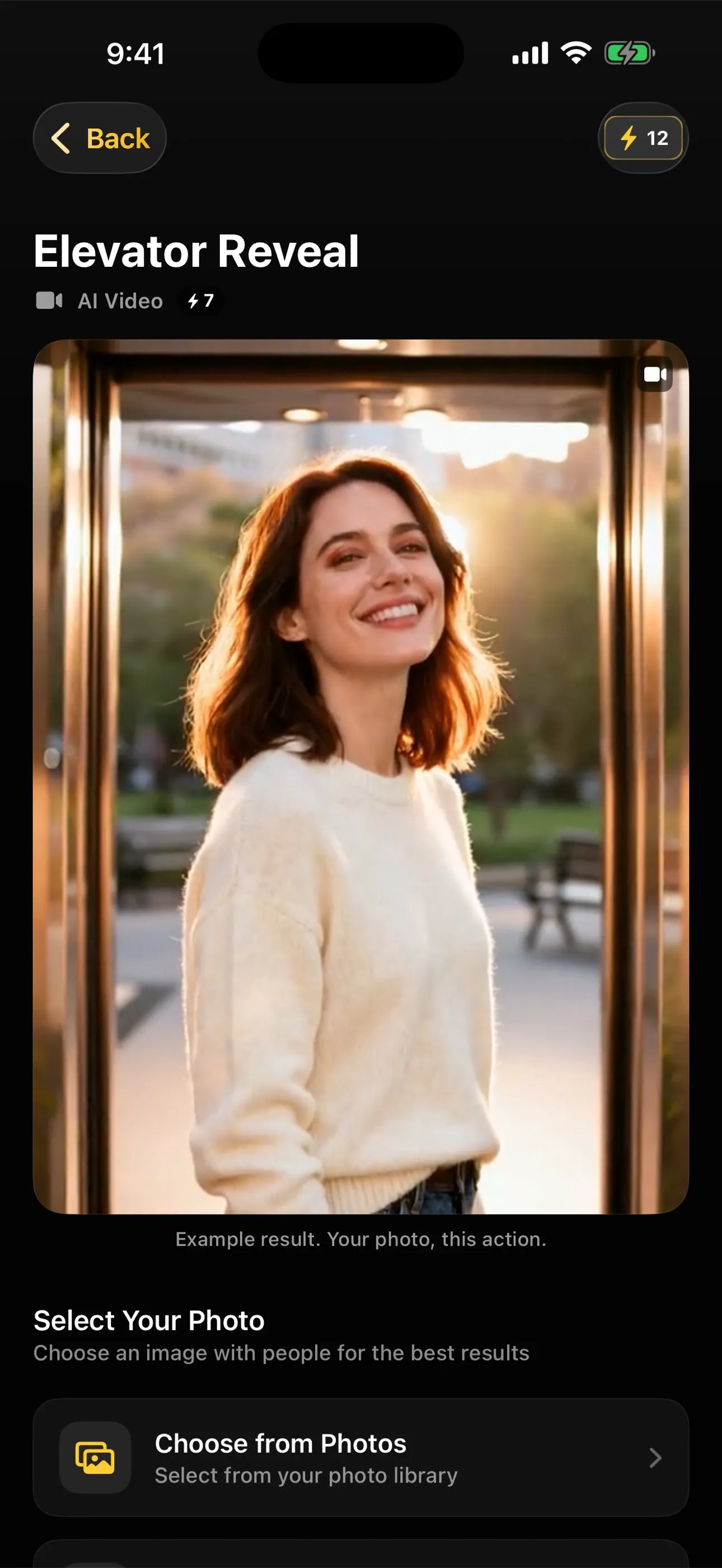 The Elevator Reveal action screen in AI Video, showing the example result still, the action name and the photo picker