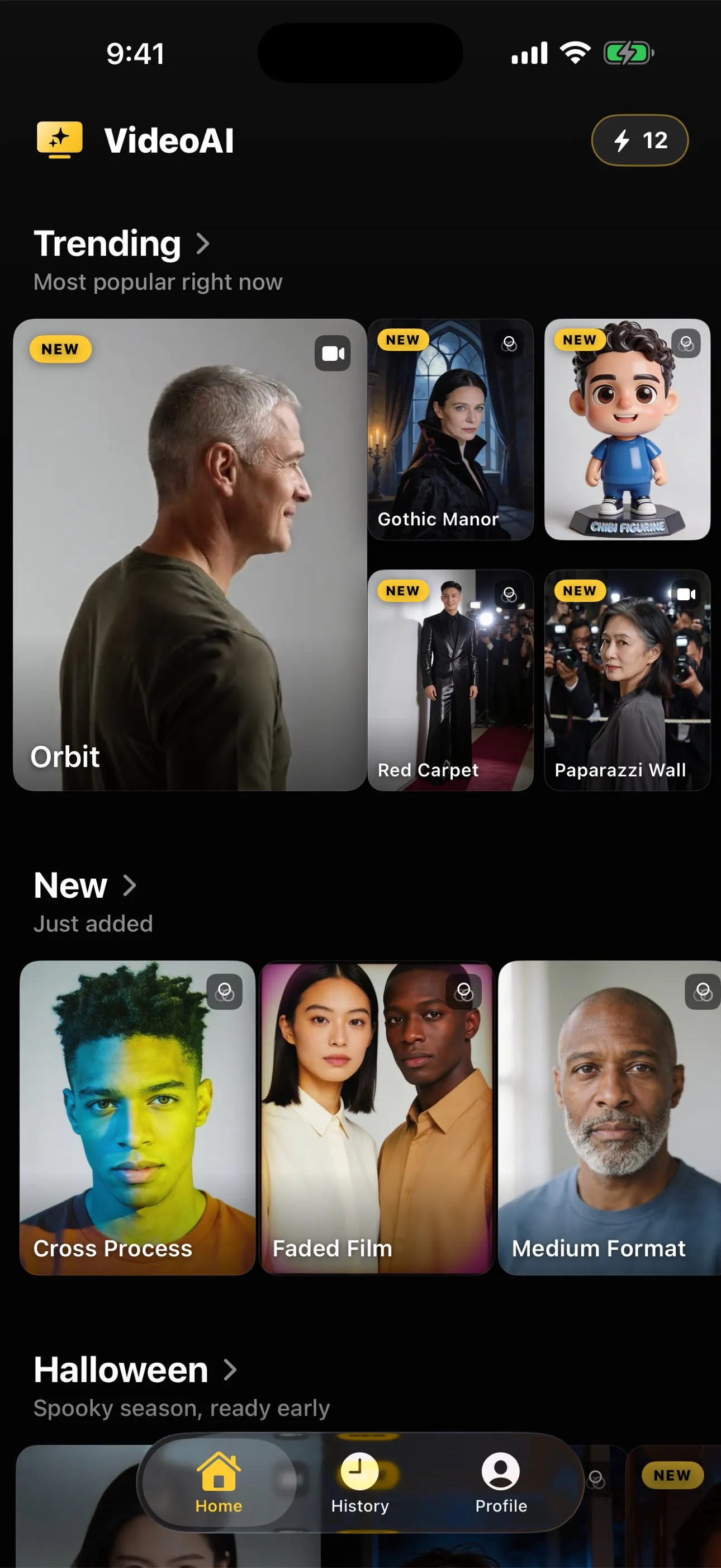 An iPhone screen showing the AI Video home screen, with trending and new action cards laid out in a grid