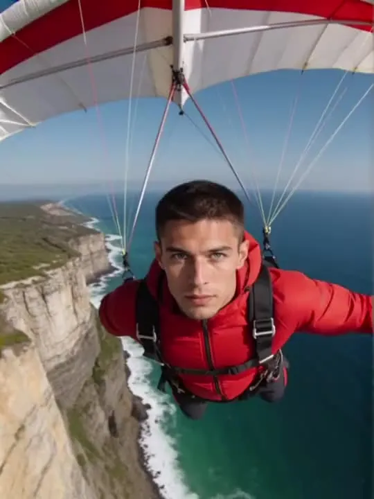 Cliffside Paraglide Reveal: the preview still the AI Video app shows for this action