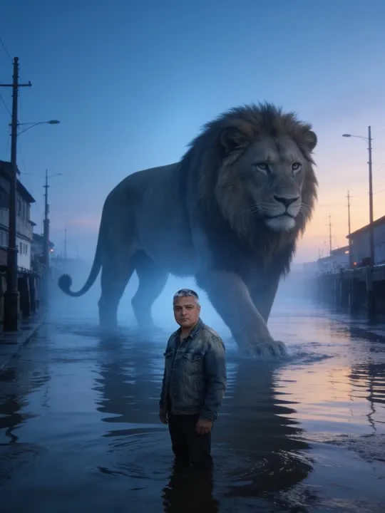 Harbor Lion at Dawn: the preview still the AI Video app shows for this action