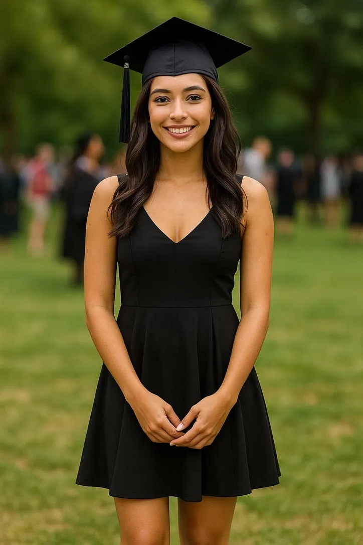 A graduate photographed head to knee on a lawn, with a line ruled across her chest and everything below it dimmed