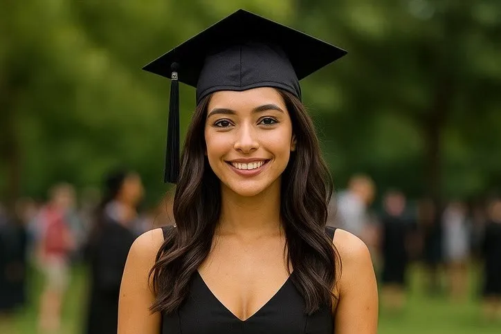 A graduate in a mortarboard smiling on a lawn, other graduates blurred behind her