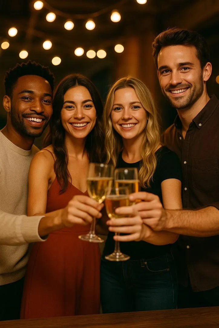 Four friends smiling and clinking champagne glasses together at an evening celebration, string lights glowing above them