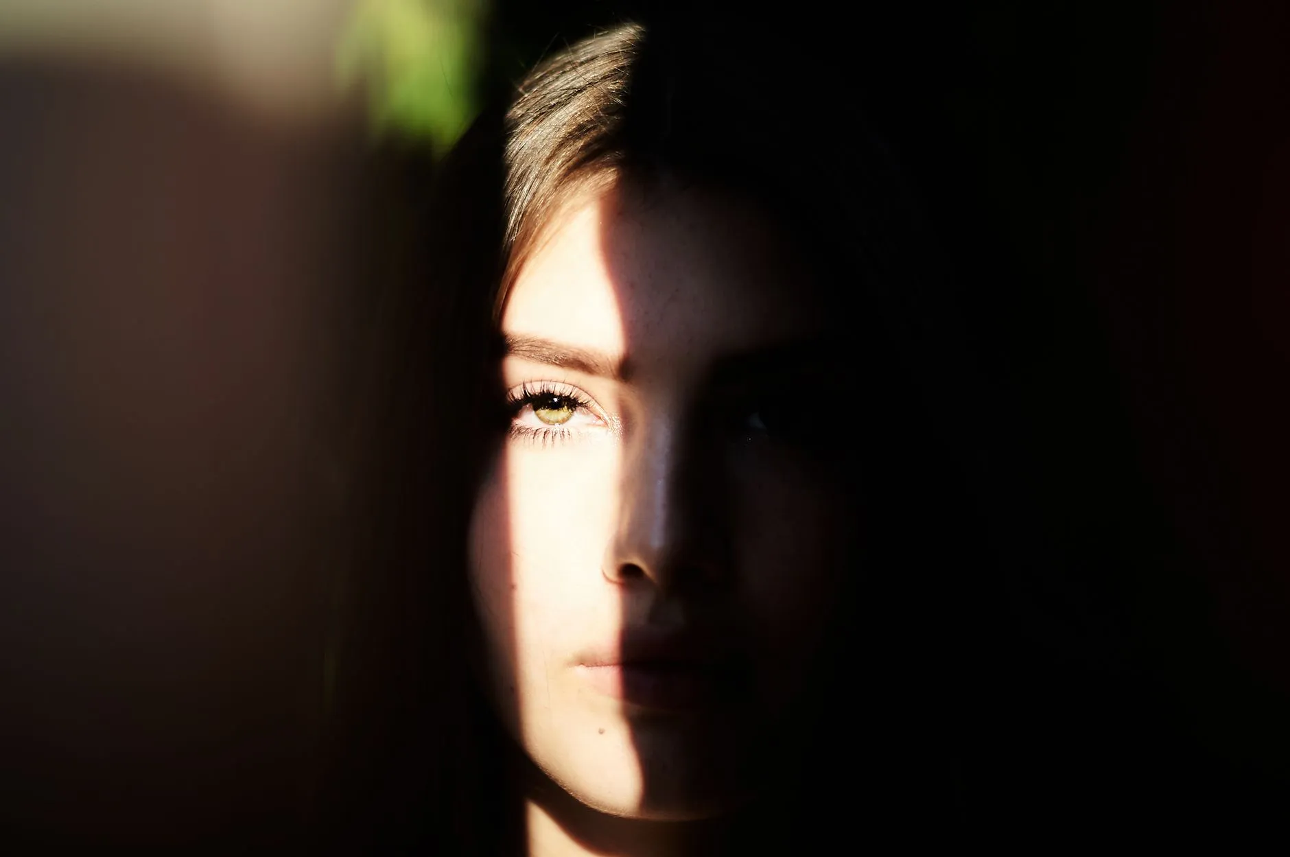 A young woman's face lit sharply down one side by direct sunlight, the other side falling into deep, featureless shadow