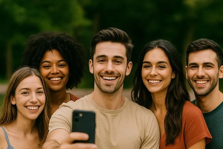 Five people standing close together and smiling for a phone held out at arm's length
