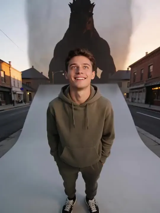 City-Stomping Kaiju Selfie: the preview still the AI Video app shows for this action
