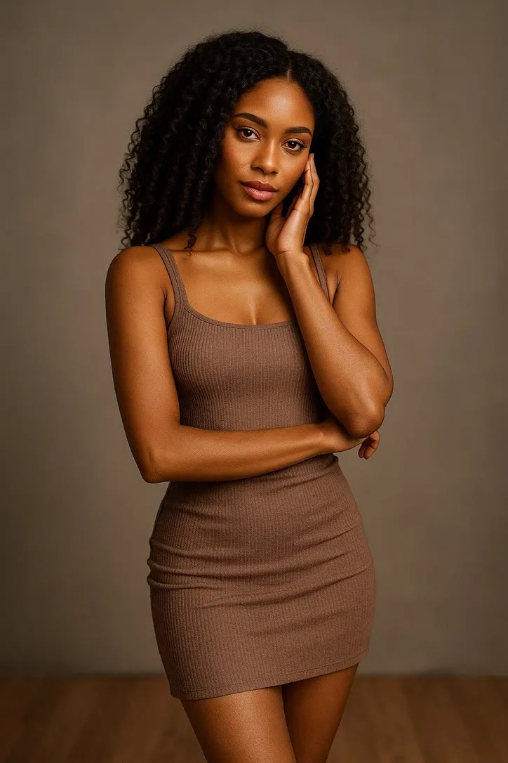 A woman posed for a portrait against a plain backdrop, face turned toward the camera and evenly lit