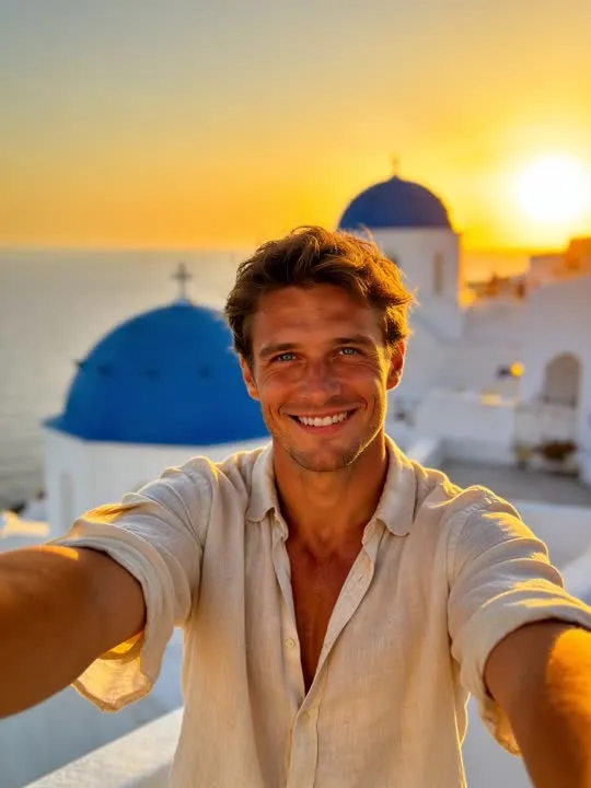 Blue Dome Sunset Selfie: the preview still the AI Video app shows for this action
